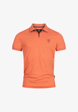 Korte mouwen polo in feloranje, gemaakt van een gestructureerde stof, met een ritssluiting bij de hals en een logo op de linkerborst.