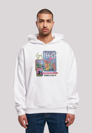White hoodie featuring a colorful graphic print with "Genesis World Tour '78" text, long sleeves, and a front pocket.