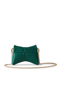 Green leather handbag with a structured bow shape, featuring a gold chain strap and a discreet back pocket. Smooth texture, minimal detailing.