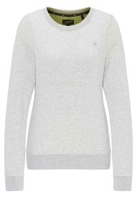 Sweat-shirt gris clair à manches longues, avec poignets et ourlet côtelés, texture douce et un logo discret sur la poitrine. L'intérieur est doublé d'un tissu vert contrastant.