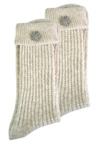Gestrickte Wollsocken mit gerippter Textur in Creme, mit umgeschlagenem Bündchen und silberner Blumenakzent an der Seite.