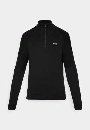 Black mid-length zip-up sweater with long sleeves, made of textured knit material. Features a small logo on the chest and ribbed cuffs.