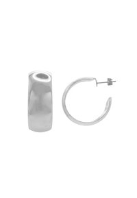 Orecchino a cerchio in argento e perno rettangolare. Superficie liscia e lucida con una finitura lucidata. Design semplice, senza motivi o accentuazioni aggiuntive.