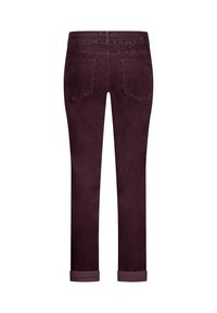 Corduroy pants in deep burgundy with a straight cut, featuring a comfortable elastic waistband and rolled cuffs, two back pockets.