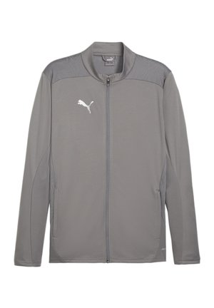 Veste de sport grise avec une fermeture éclair intégrale, tissu texturé, poches latérales et logo Puma en blanc sur la zone de la poitrine gauche.