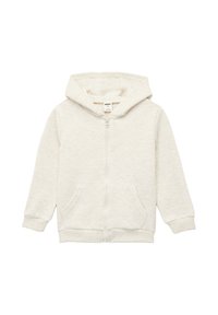 Sudadera con cremallera en gris claro, fabricada en tejido texturizado, con una cremallera frontal, dos bolsillos delanteros y capucha forrada. Ajuste casual con puños y dobladillo acanalados.