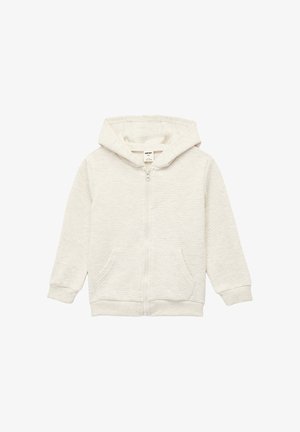 Sudadera con cremallera en gris claro, fabricada en tejido texturizado, con una cremallera frontal, dos bolsillos delanteros y capucha forrada. Ajuste casual con puños y dobladillo acanalados.