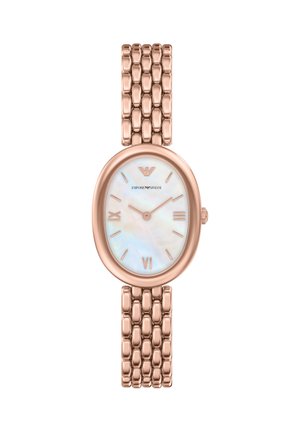 Roségoldfarbene Uhr mit einem ovalen Zifferblatt aus Perlmutt. Mit römischen Ziffern und einem texturierten Metallarmband mit Gliederdesign.