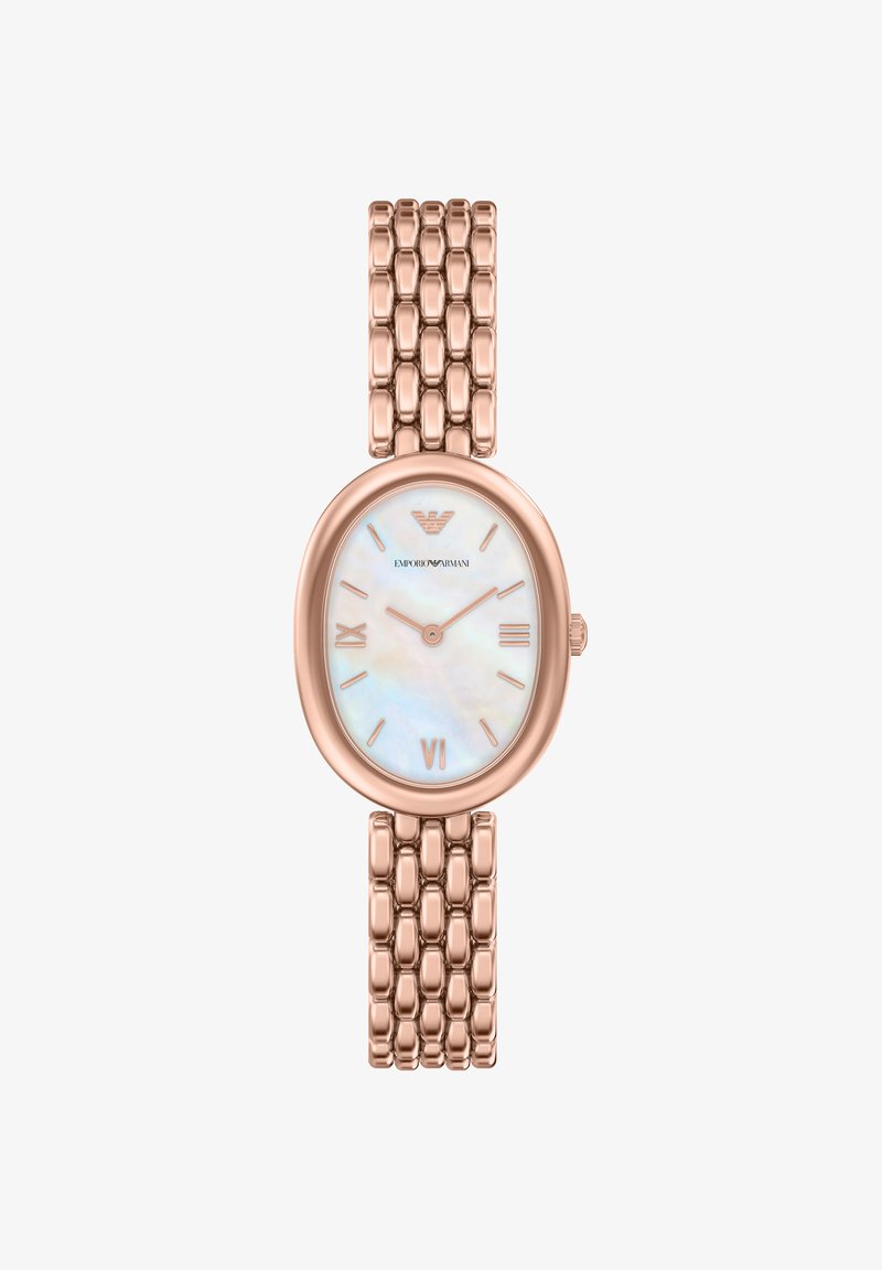 Horloge met roségoudkleurige uitstraling en een ovale parelmoeren wijzerplaat. Voorzien van Romeinse cijfers en een gestructureerde metalen armband met schakeldesign.