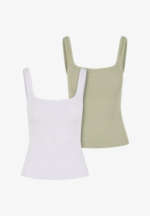 Dva rebrasta topa; eden bel in eden umirjen zeleni. Oboje imata kvadratne dekolteje in široke naramnice, izdelana sta iz mehkega, raztegljivega materiala.