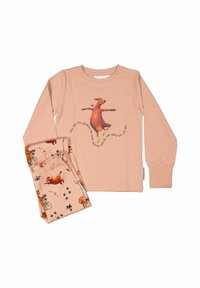 Ljusrosa pyjamasset för barn med en dansande ko illustration och text på tröjan; byxorna har lekfulla mönster av kor och cyklar.