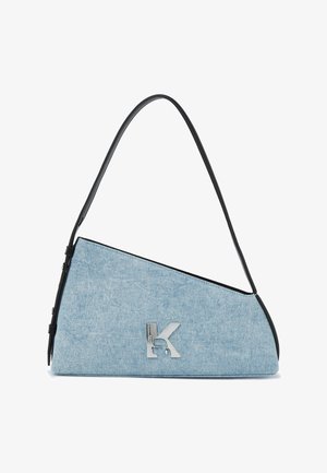 Teksariidest käekott kolmnurkse kujuga, helesinise kangaga, musta nahast äärise ja hõbedase logoga. Varustatud ühe õlapaelaga.