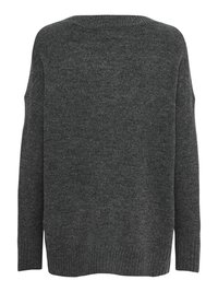 Pull en tricot gris foncé à manches longues avec un col rond et des poignets et un ourlet côtelés, vu de dos.