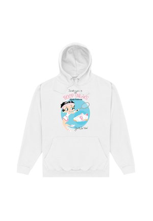 Hvid bomuldshoodie med en frontlomme, der har et tegneserieillustration og tekst i pink og blå. Designet inkluderer en illustration af en karakter.