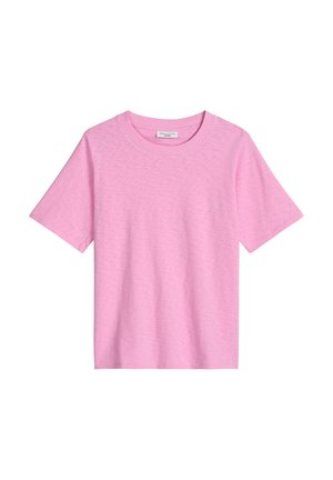 T-shirt court en coton rose clair uni avec manches courtes et col rond, présenté à plat sur un fond blanc.