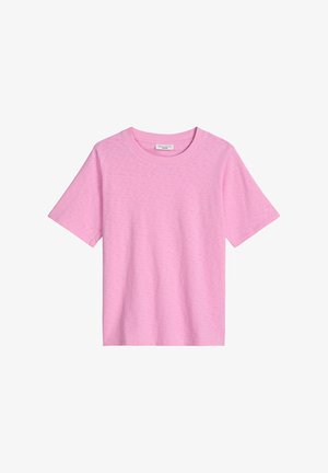 T-shirt court en coton rose clair uni avec manches courtes et col rond, présenté à plat sur un fond blanc.