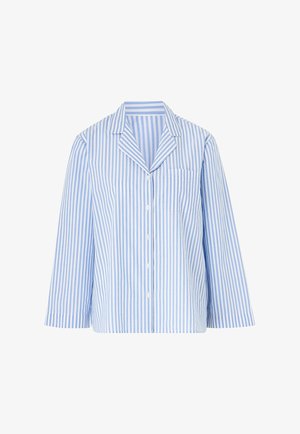 Lichtblauwe en witte gestreepte overhemdd met een notch-kraag, lange mouwen en een enkele borstzak. Gemaakt van lichte stof.