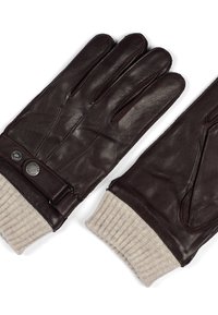 Guantes de cuero marrón con puños de punto beige acanalado, que cuentan con un botón y un detalle de correa, y costuras en la parte posterior para el diseño.