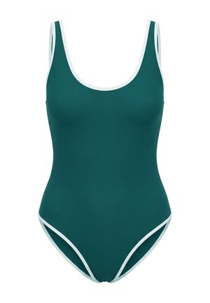 Turquoise blauw eendelig badpak met witte bies, brede schouderbanden en een ronde hals, getoond op een witte achtergrond.