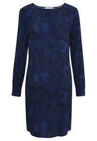 Navy blue dress featuring a floral pattern, long sleeves, round neckline, and a relaxed fit. Made from soft, textured fabric.