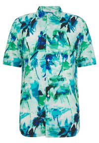 Koszula z krótkim rękawem zapinana na guziki w jasnoniebieski, zielony i czarny abstrakcyjny wzór palmowy; wykonana z lekkiego materiału w luźnym kroju.