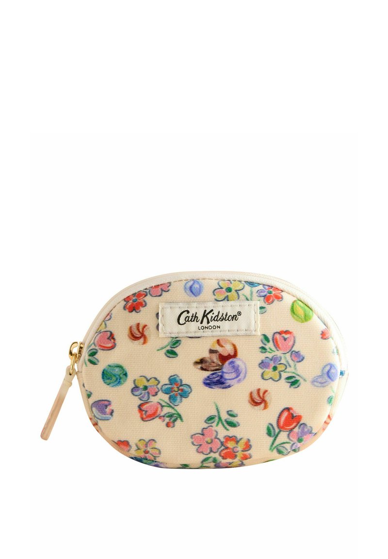 Bloemenrits tas met een crèmekleurige achtergrond, versierd met meerkleurige bloemen en bladeren. Inclusief een merklabel en een roze rits.