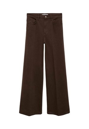 Donkerbruine broek met wijde pijpen, voorzakken, riemlussen en een knoopsluiting, gepresenteerd tegen een witte achtergrond.