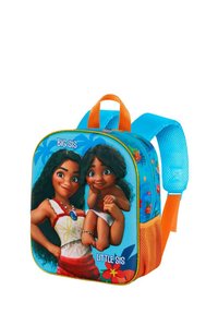 Blauwe kinder rugzak met twee geanimeerde karakters en de tekst "GROTE ZUS" en "KLEINE ZUS." Geleide zijvakken, oranje banden, bloemenaccenten.