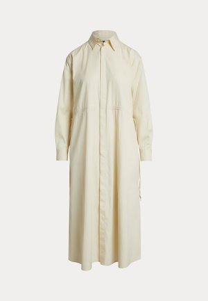 Cream-colored, long-sleeve shirt dress with a collared neckline, button front, and two side pockets; features a gathered waist detail.