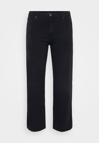 Black denim jeans with a straight leg design. Features include a button waist closure, belt loops, and front/back pockets. Smooth texture.