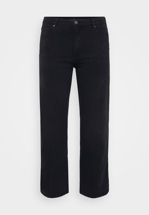 Black denim jeans with a straight leg design. Features include a button waist closure, belt loops, and front/back pockets. Smooth texture.
