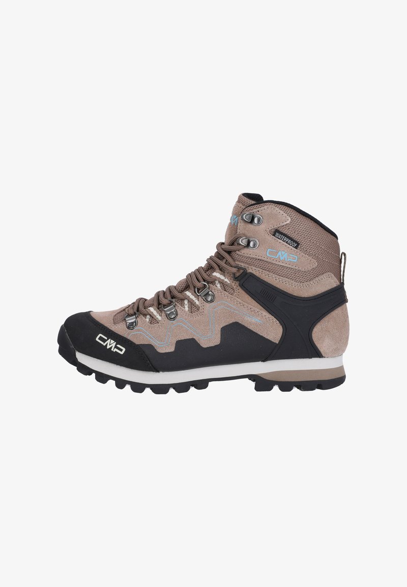 Brune vandtætte vandrestøvler med høj ankel, tekstureret stof, sort gummitåkappe og kontrasterende grå og blå detaljer. Seks metaløjer.