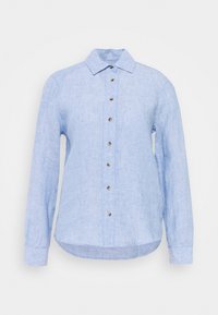 Hellblaues Hemd aus Leinen mit pointed collar, langen Ärmeln und einer durchgehenden Vorderseite, ausgestattet mit kontrastierenden braunen Knöpfen.