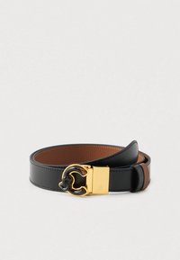 Juodas ir rudas odinis diržas su auksinio metalo sagtimi, kurioje yra išlenktas dizainas ir papildomas juodas akcentas. Vienoda glotni tekstūra.