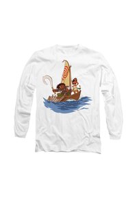 White long-sleeve shirt featuring an illustration of two characters on a brown boat with a red spiral sail against blue waves.