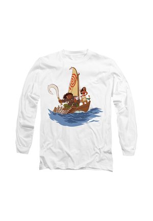 White long-sleeve shirt featuring an illustration of two characters on a brown boat with a red spiral sail against blue waves.