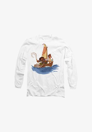 White long-sleeve shirt featuring an illustration of two characters on a brown boat with a red spiral sail against blue waves.
