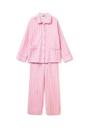 Rosa-weiß gestreiftes, langärmliges Hemd mit Knöpfen, Kragen und dazu passende gerade geschnittene Pyjamahose.