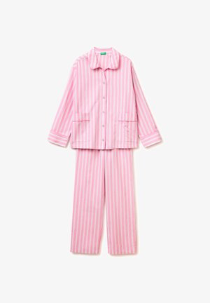 Rosa-weiß gestreiftes, langärmliges Hemd mit Knöpfen, Kragen und dazu passende gerade geschnittene Pyjamahose.