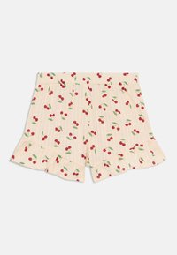Lette stoffshorts i kremfarge, med et kirsebærmønster og grønne blader, samt en volangkant for ekstra detaljer.