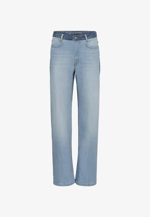 Blugi drepti, de culoare albastru deschis, cu talie într-o nuanță mai închisă de albastru, buzunare frontale, bucle pentru curea și închidere cu nasture.