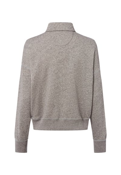 Szary, teksturowany, sweter z długim rękawem i kołnierzem, z prążkowanymi mankietami i dołem. Posiada detale szwu z tyłu.