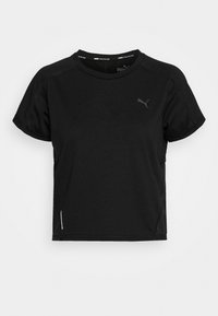 Mustat lyhyet hihattomat urheilupaidat, joissa on pyöreä pääntie, ja tummanharmaa Puma-logo rinnassa sekä sivusiltti ilmanvaihtoa varten.