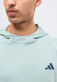 Tuvu plānots, personai valkājot gaiši zilu kapuci džemperi ar mazu tumši zilu trīsstūra logotipu krūtīs.