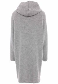 Indumento grigio con cappuccio, dal taglio comodo e rilassato, maniche lunghe e una trama morbida. Presenta un design di lunghezza media con un retro senza cuciture.