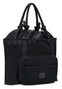 Black nylon tote bag with dual handles, adjustable drawstring closure, and a detachable zippered pouch featuring mesh paneling.