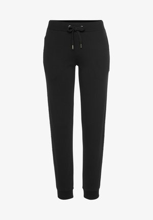 Schwarze Jogginghose aus weichem, dehnbarem Stoff mit einem Kordelzugbund, gerippten Bündchen und seitlichem Streifendetail.
