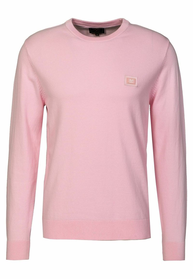 Light pink long-sleeve sweater made of knit material. Features a round neckline and a small branded tag on the upper left chest.