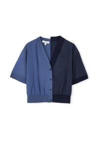 Kurzärmlige, cropped Bluse in zwei Blautönen. Verfügt über einen V-Ausschnitt, eine Knopfleiste vorne und einen elastischen Saum für eine lässige Passform.