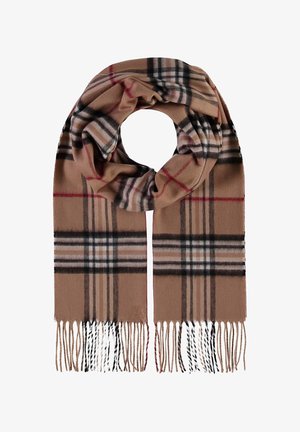 Beige plaid scarf featuring black, white, and red lines, made of soft fabric with fringed edges. Rectangular design for versatile styling.